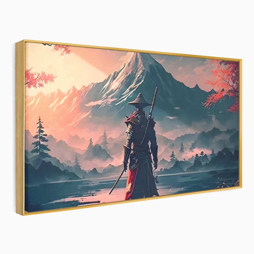 Tablou canvas cu samurai cu sabie pe malul lacului, in rama de aluminiu auriu